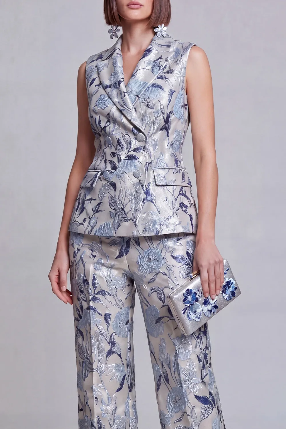 Grey Blue Jacquard Floral 2 Piece Peak Lapel Women's Suits sold by Zapaka product image thumbnail 3
