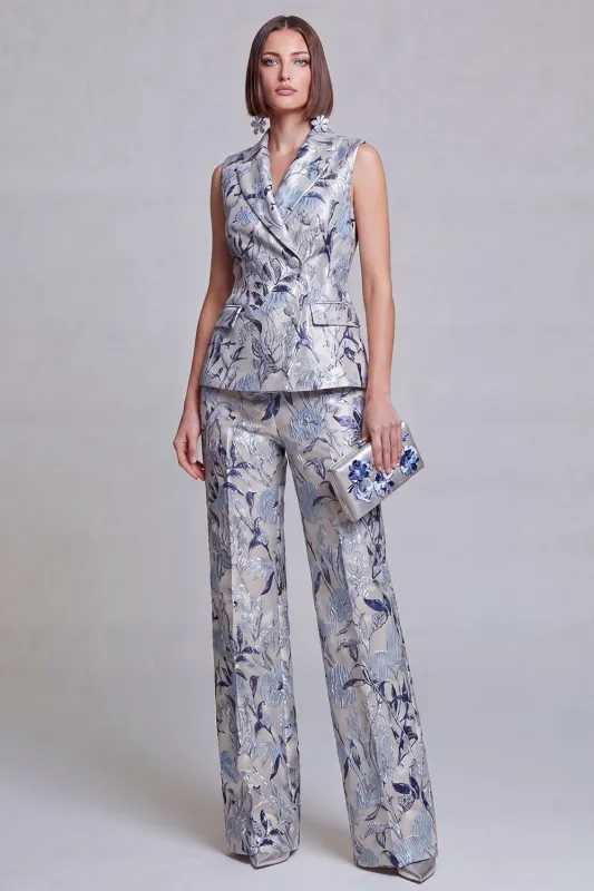 Grey Blue Jacquard Floral 2 Piece Peak Lapel Women's Suits made by Zapaka