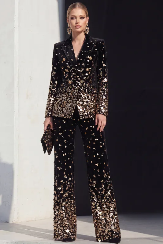 Black Champagne 2 Piece Peak Lapel Women Suits with Sequins made by Zapaka