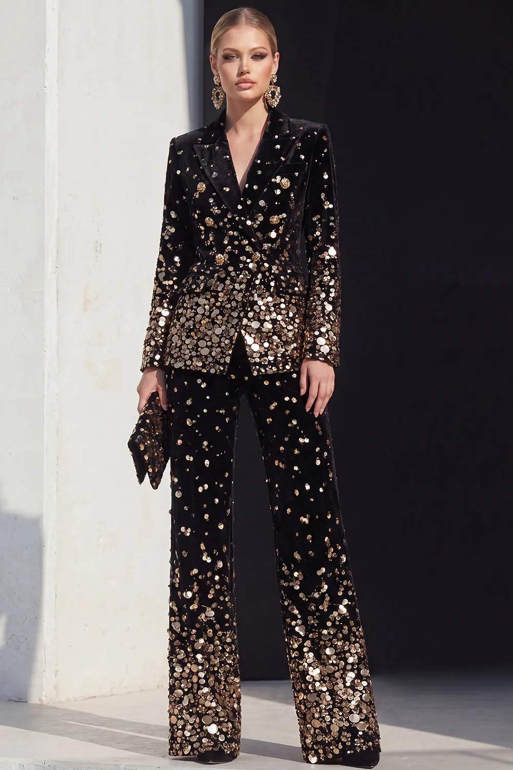 Black Champagne 2 Piece Peak Lapel Women Suits with Sequins sold by Zapaka