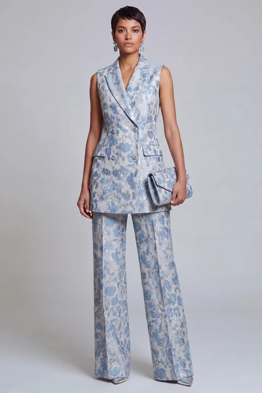 2 Piece Dusty Blue Floral Double Breasted Peak Lapel Women Suits made by Zapaka