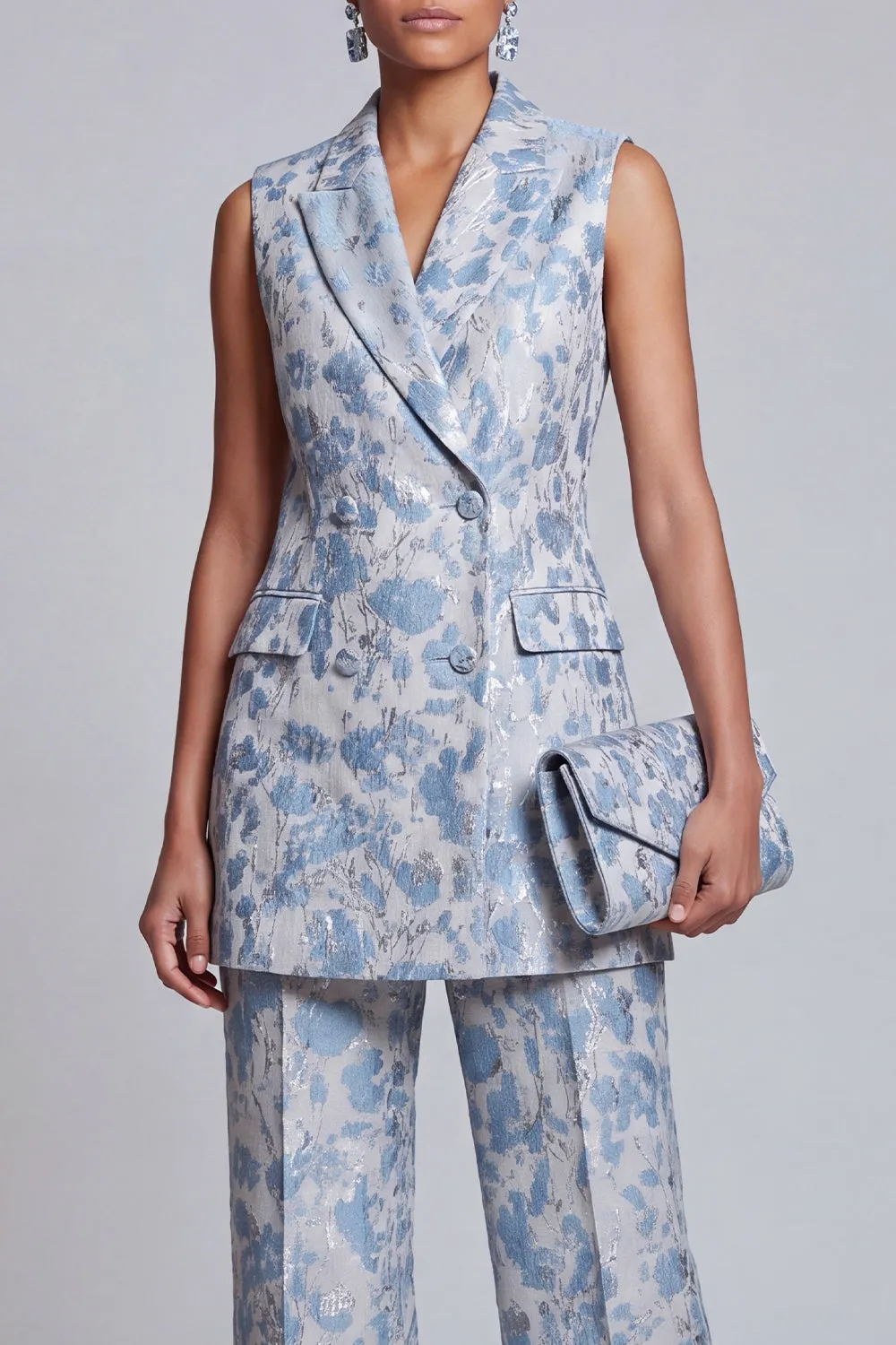 2 Piece Dusty Blue Floral Double Breasted Peak Lapel Women Suits sold by Zapaka product image thumbnail 3