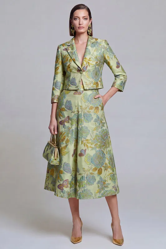 Sage Green Floral 2 Piece Notched Lapel Women's Skirt Suits with Pockets made by Zapaka