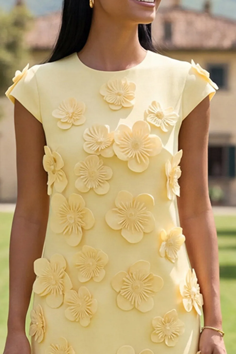 Yellow Round Neck Bodycon Homecoming Dress with 3D Flowers sold by Zapaka product image thumbnail 3