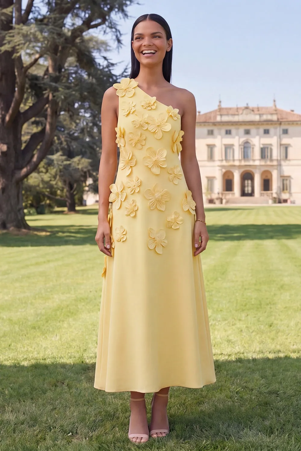 Yellow One Shoulder A-Line Midi Floral Dress sold by Zapaka