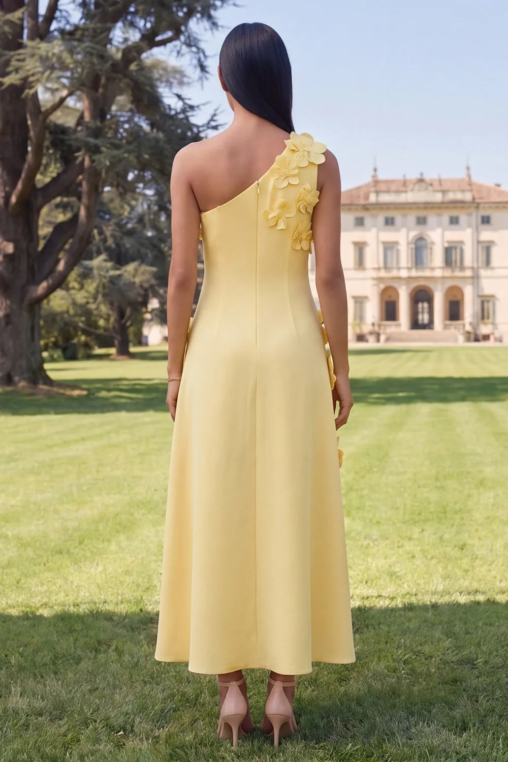 Yellow One Shoulder A-Line Midi Floral Dress sold by Zapaka product image thumbnail 2