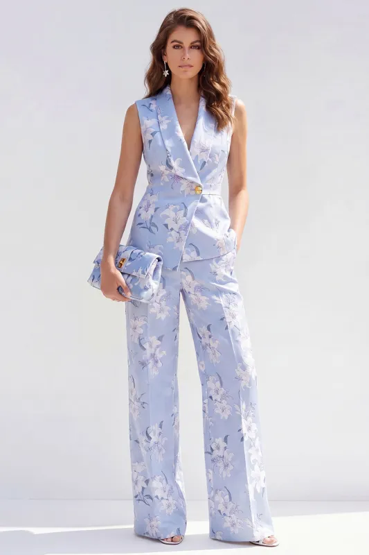 2 Piece Blue Shawl Lapel One Button Jacquard Floral Women Suits made by Zapaka