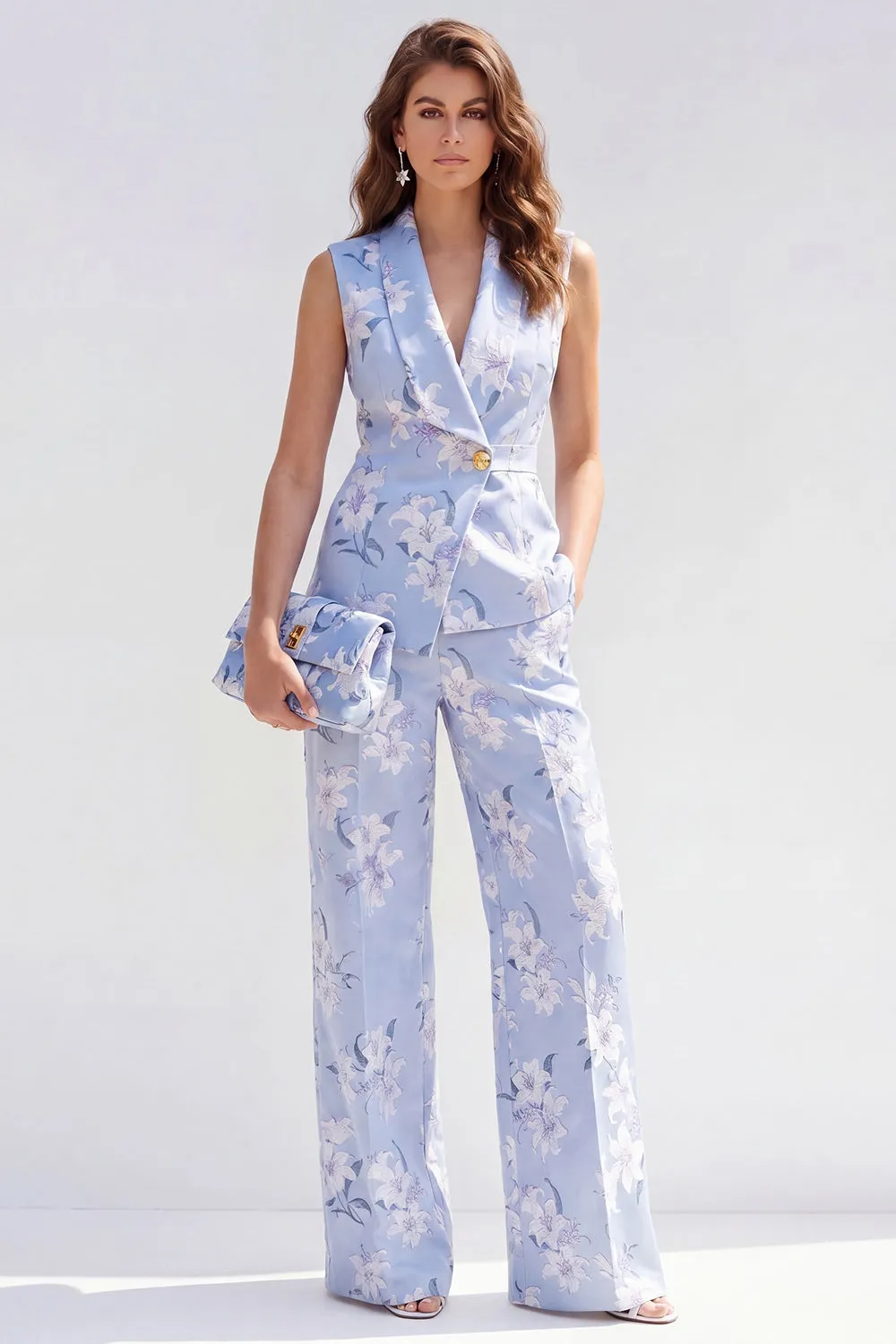 2 Piece Blue Shawl Lapel One Button Jacquard Floral Women Suits sold by Zapaka