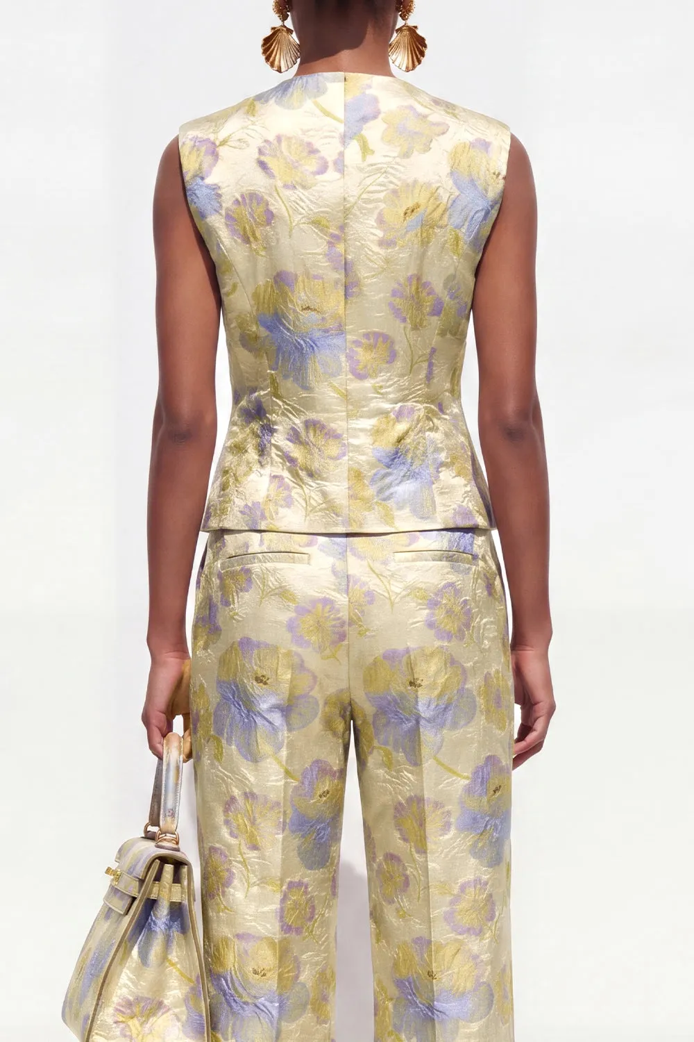 Yellow Flower 2 Piece V-Neck One Button Jacquard Women Suits sold by Zapaka product image thumbnail 4