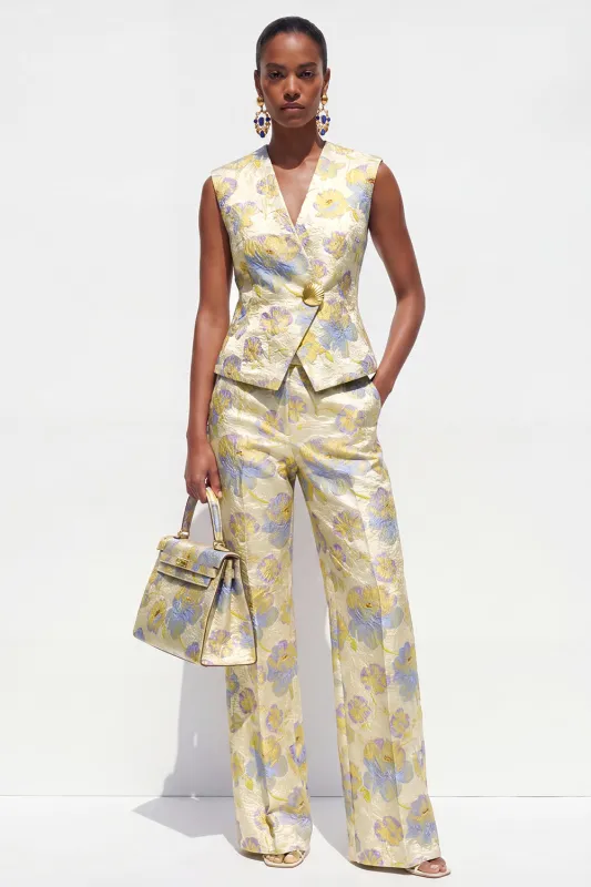 Yellow Flower 2 Piece V-Neck One Button Jacquard Women Suits made by Zapaka