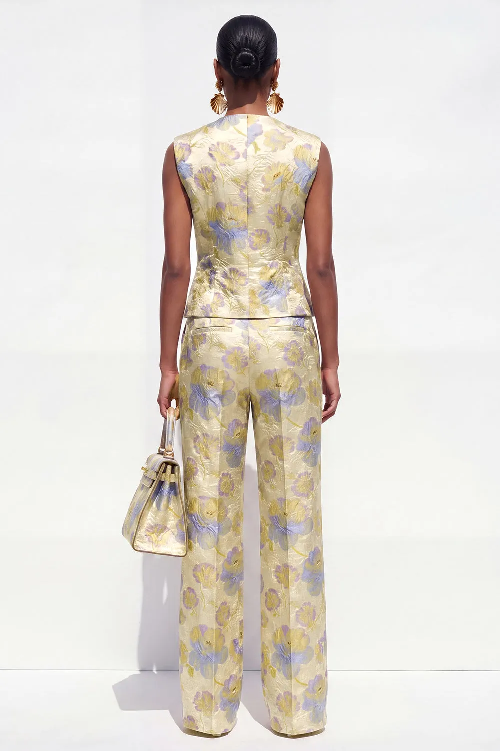 Yellow Flower 2 Piece V-Neck One Button Jacquard Women Suits sold by Zapaka product image thumbnail 2