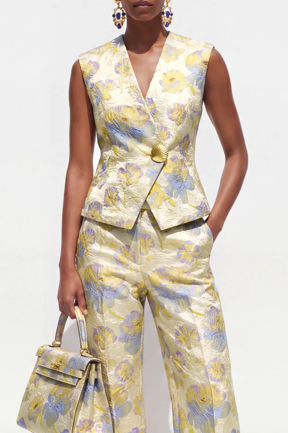 Yellow Flower 2 Piece V-Neck One Button Jacquard Women Suits sold by Zapaka product image thumbnail 3