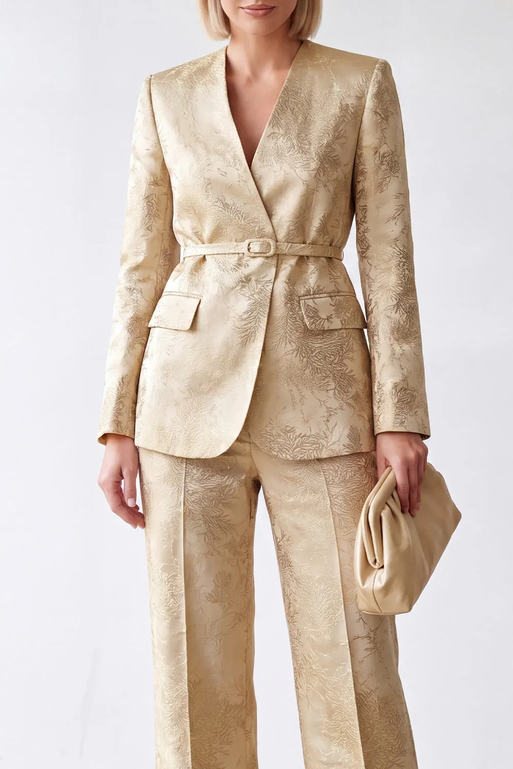 2 Piece Golden V-Neck Jacquard Women Suits with Belt sold by Zapaka product image thumbnail 3