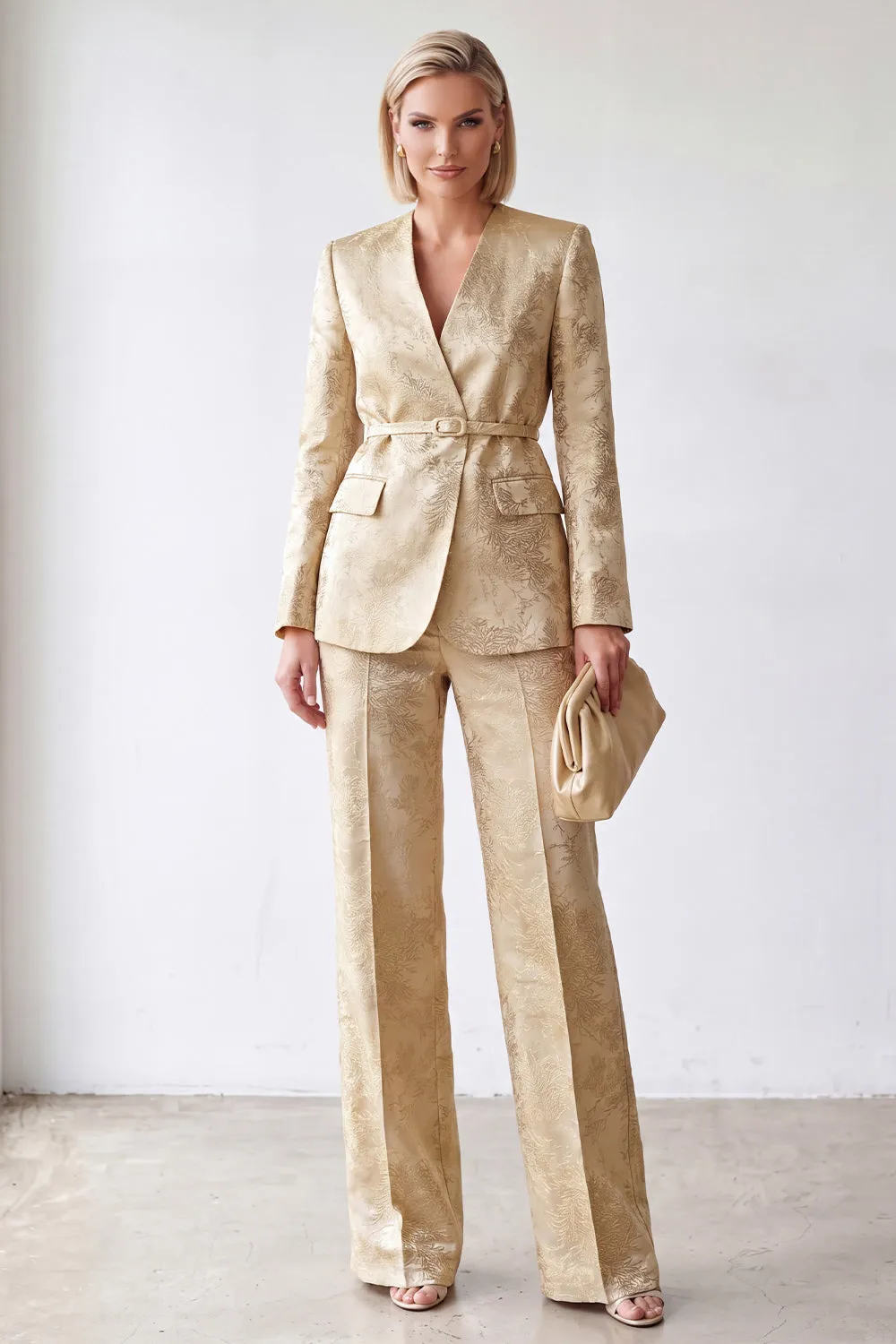 2 Piece Golden V-Neck Jacquard Women Suits with Belt sold by Zapaka