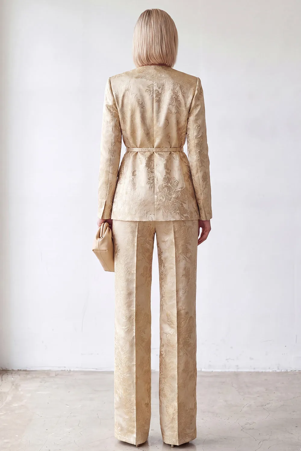 2 Piece Golden V-Neck Jacquard Women Suits with Belt sold by Zapaka product image thumbnail 2