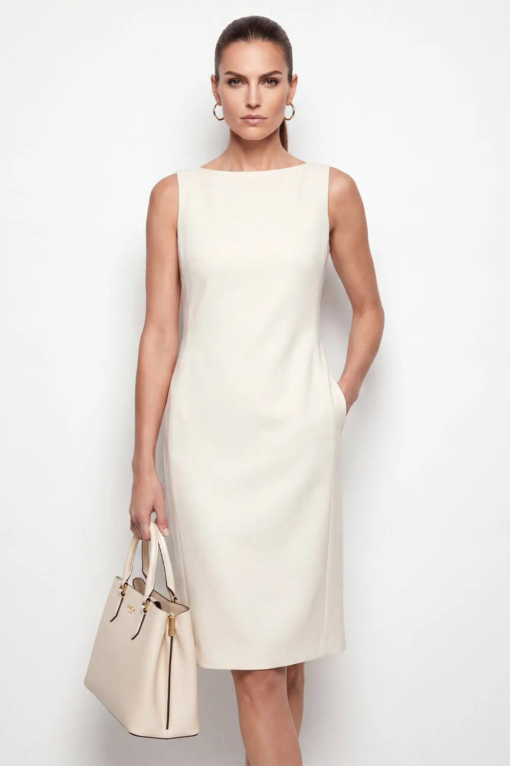 Ivory Bateau Neck Bodycon Midi Work Dress with Slit sold by Zapaka