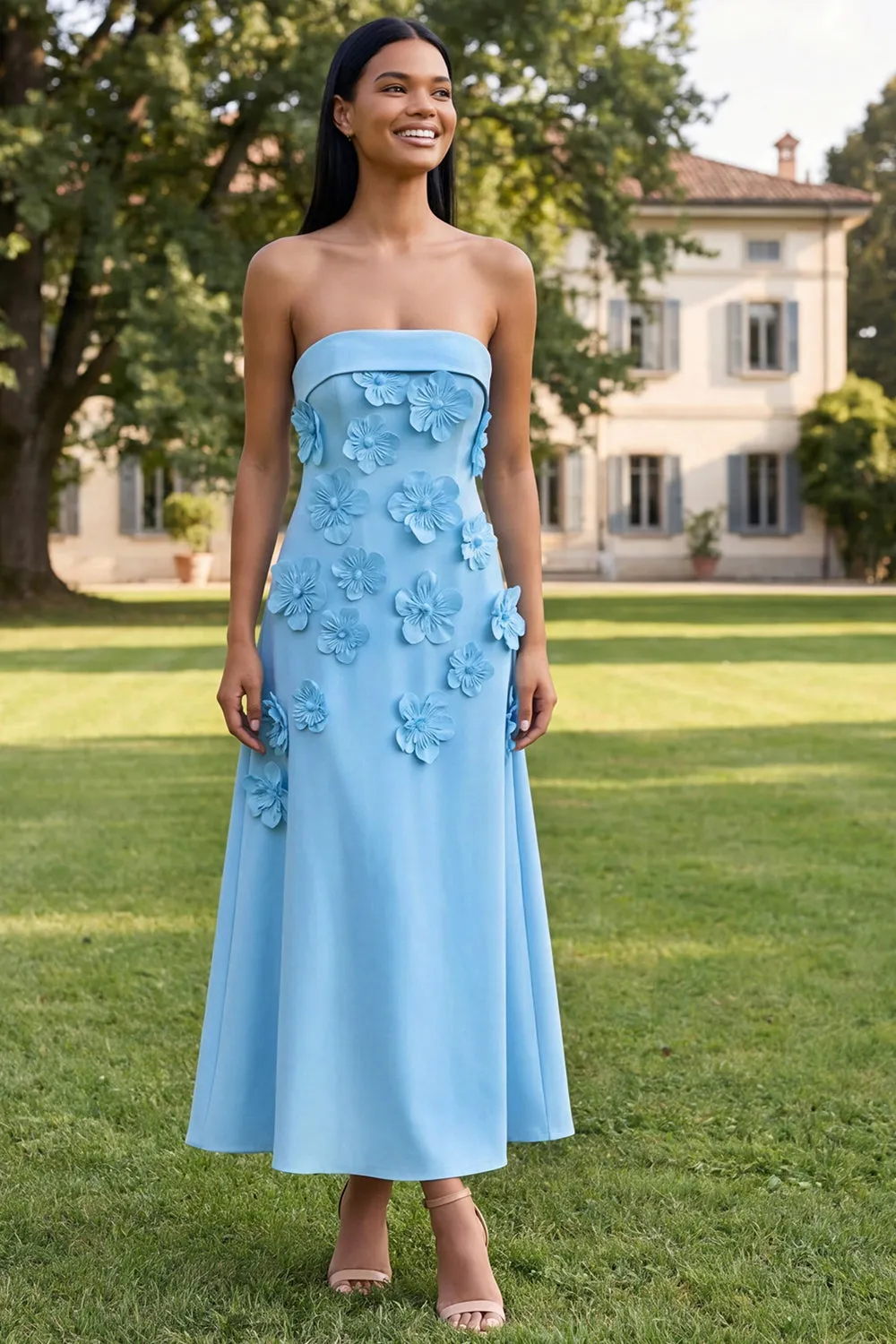 A-Line Yellow Strapless Midi Floral Dress sold by Zapaka product image thumbnail 5