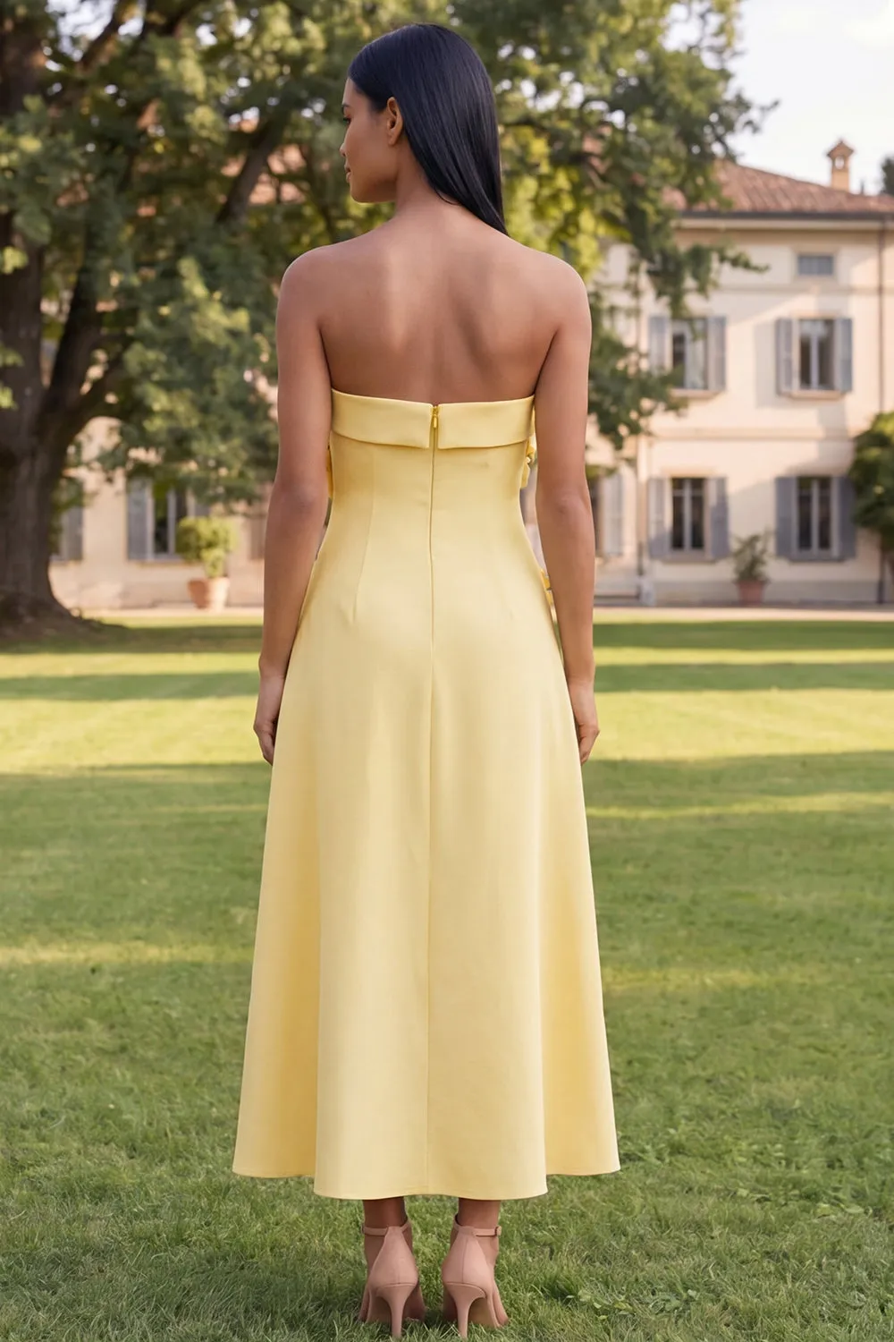 A-Line Yellow Strapless Midi Floral Dress sold by Zapaka product image thumbnail 2