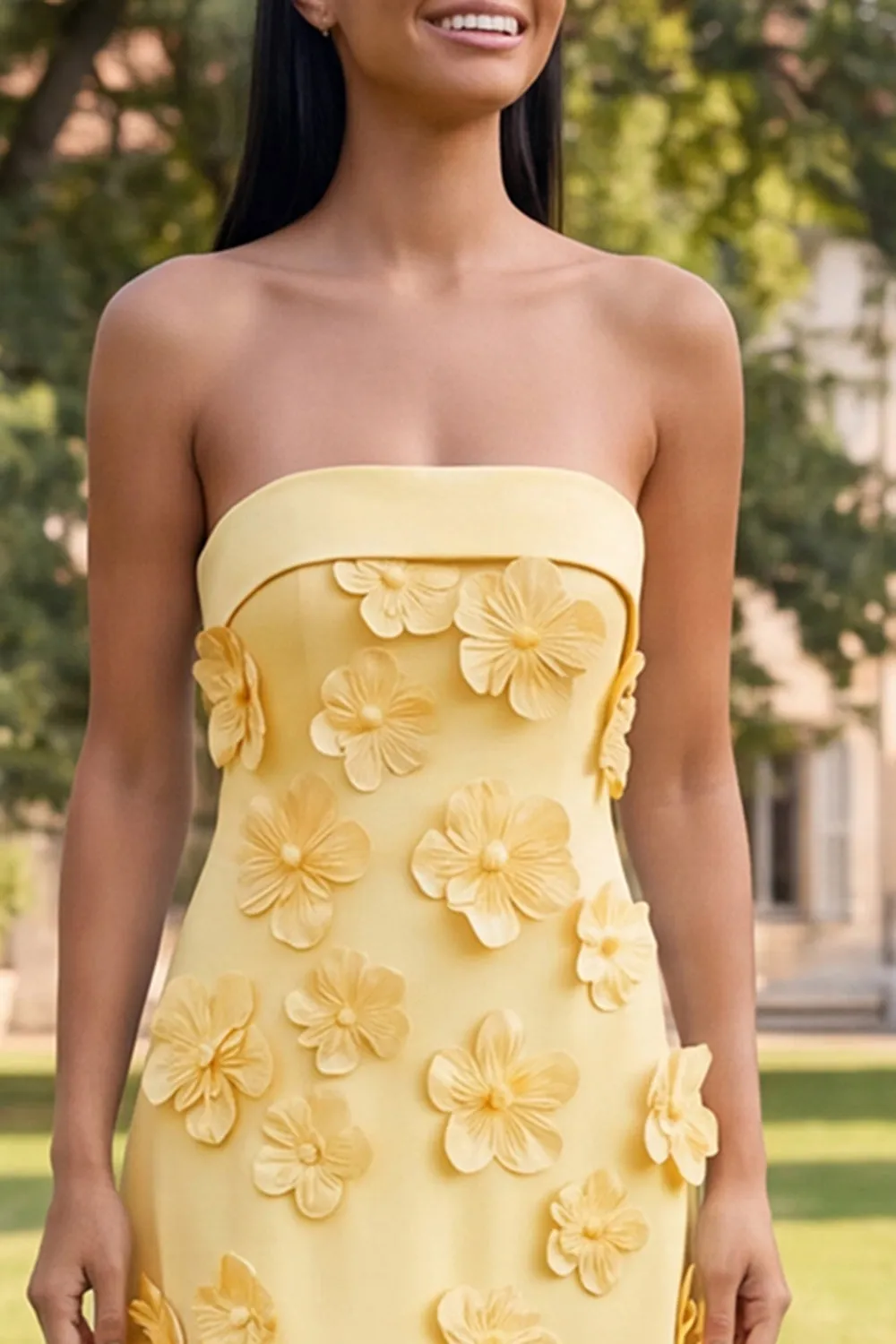 A-Line Yellow Strapless Midi Floral Dress sold by Zapaka product image thumbnail 3