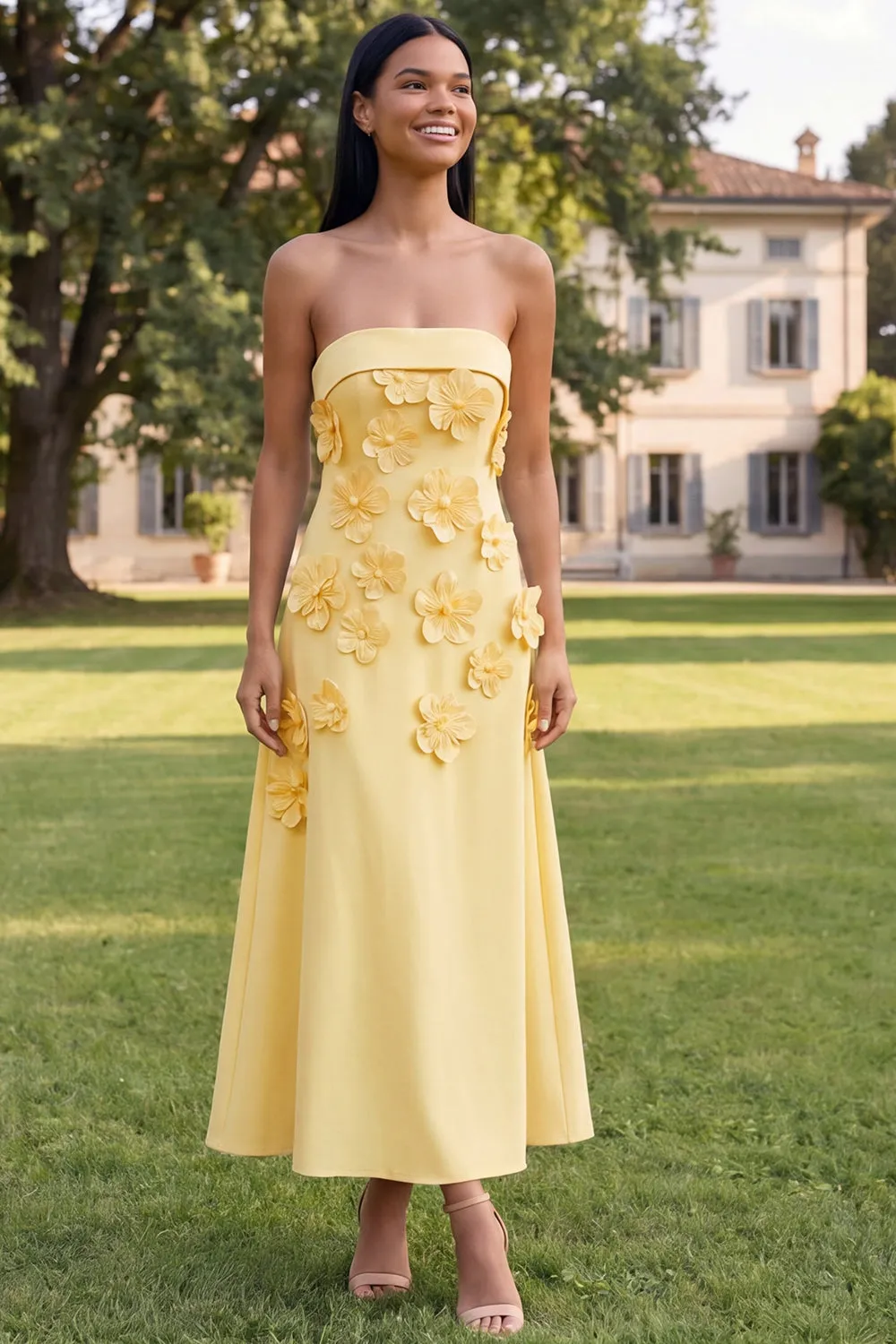 A-Line Yellow Strapless Midi Floral Dress sold by Zapaka