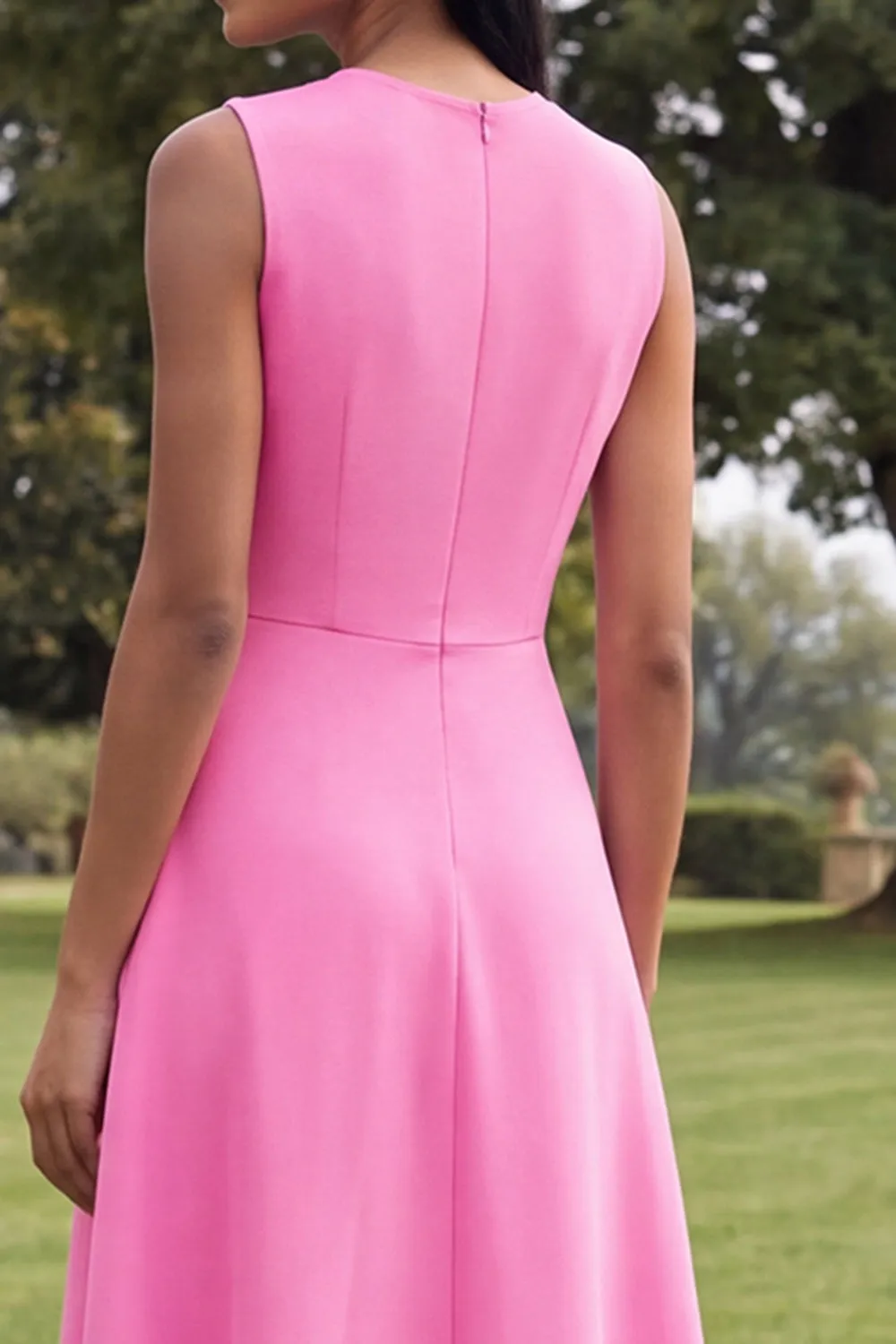 Hot Pink Round Neck A-Line Floral Midi Dress sold by Zapaka product image thumbnail 4
