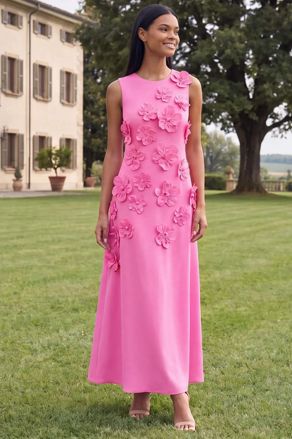 Hot Pink Round Neck A-Line Floral Midi Dress sold by Zapaka