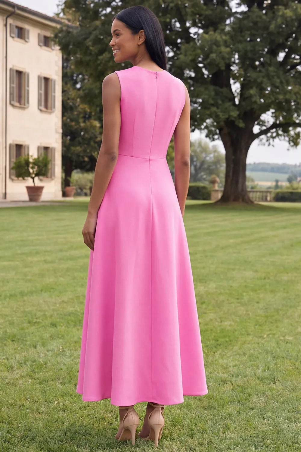 Hot Pink Round Neck A-Line Floral Midi Dress sold by Zapaka product image thumbnail 2