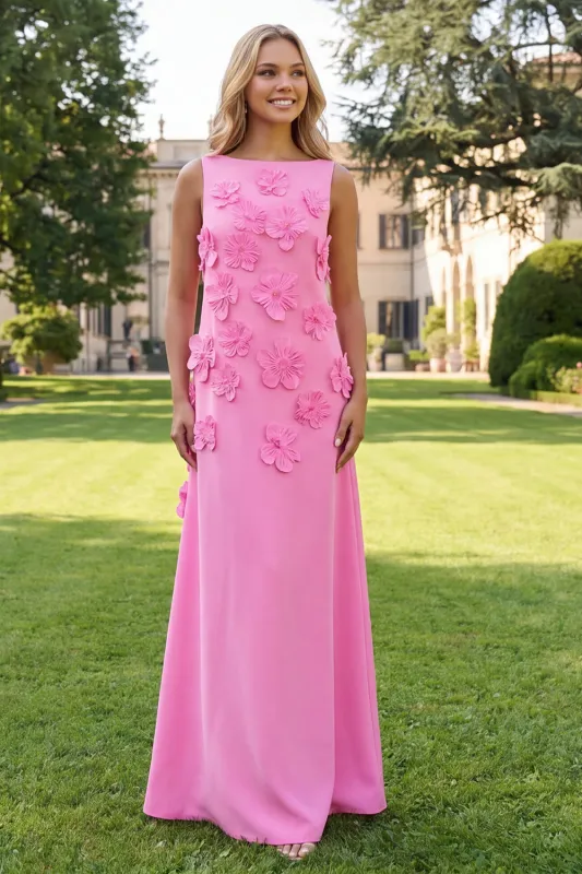 Mermaid Hot Pink Bateau Neck Maxi Floral Dress made by Zapaka