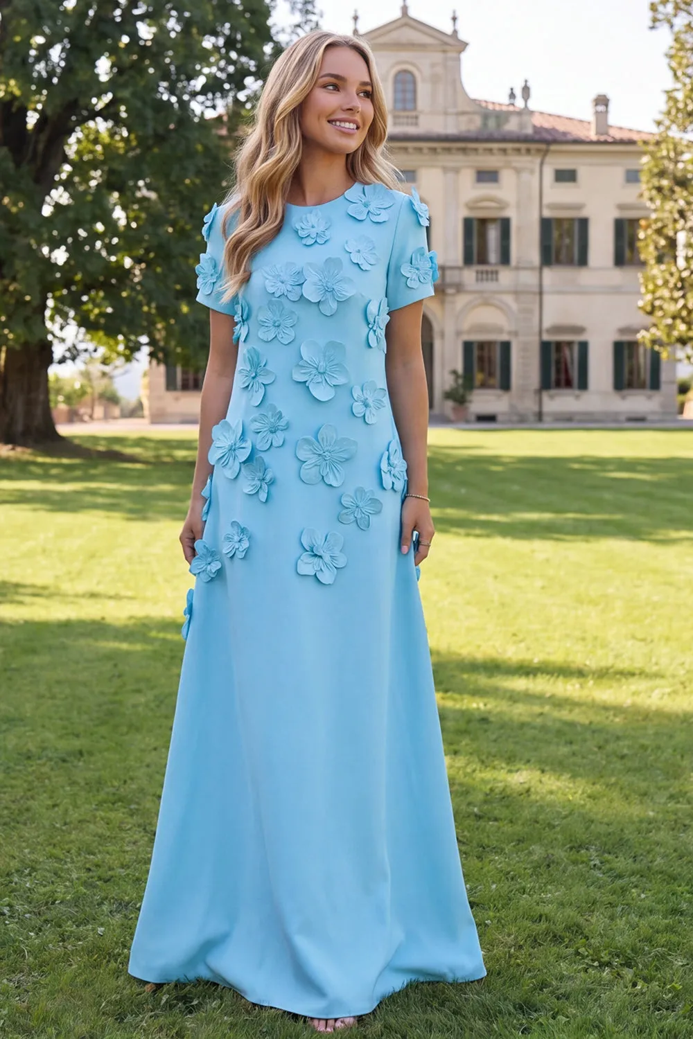 A-Line Blue Round Neck Floral Maxi Dress with Short Sleeves sold by Zapaka