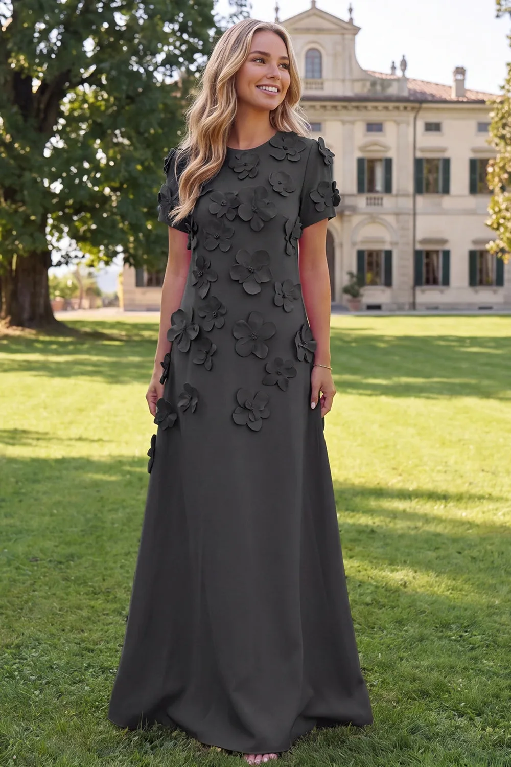 A-Line Blue Round Neck Floral Maxi Dress with Short Sleeves sold by Zapaka product image thumbnail 5