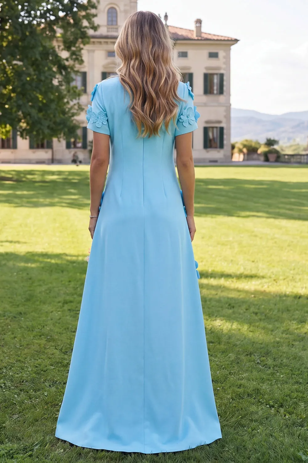 A-Line Blue Round Neck Floral Maxi Dress with Short Sleeves sold by Zapaka product image thumbnail 2