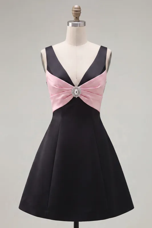 Black Pink A-Line V-Neck Short Homecoming Dress with Rhinestones made by Zapaka