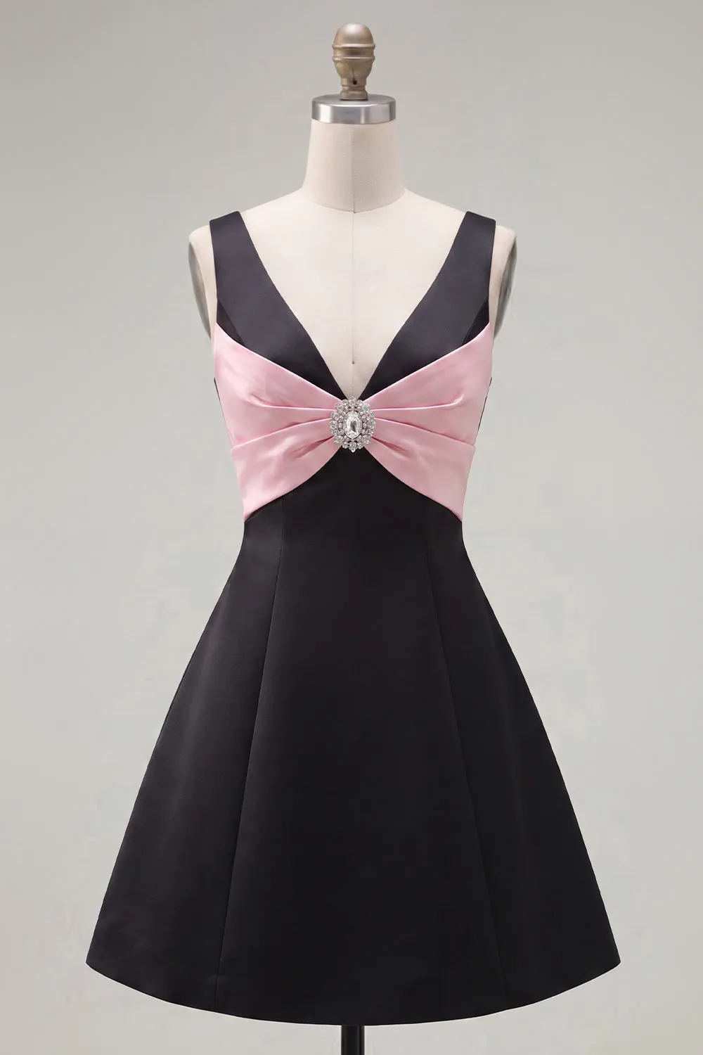 Black Pink A-Line V-Neck Short Homecoming Dress with Rhinestones sold by Zapaka