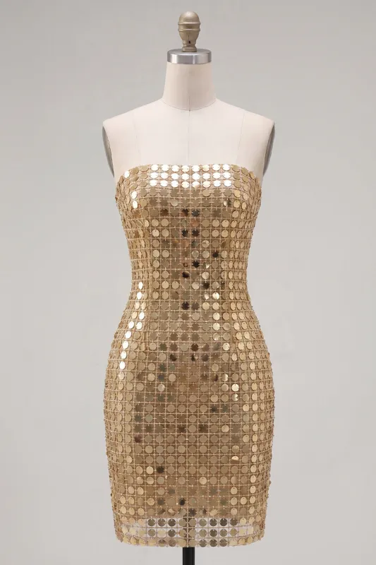 Sparkly Gold Strapless Sequin Bodycon Homecoming Dress made by Zapaka