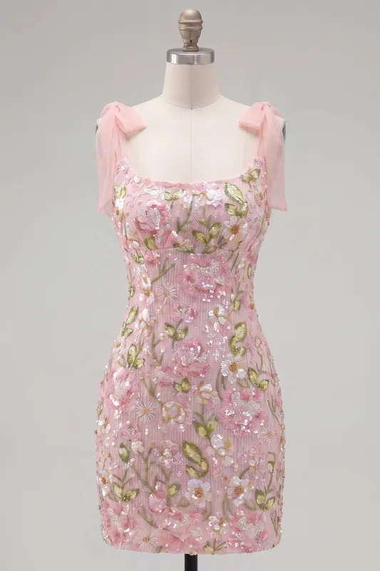 Romantic Pink Sequin Floral Embroidered Homecoming Dress with Bow Straps made by Zapaka