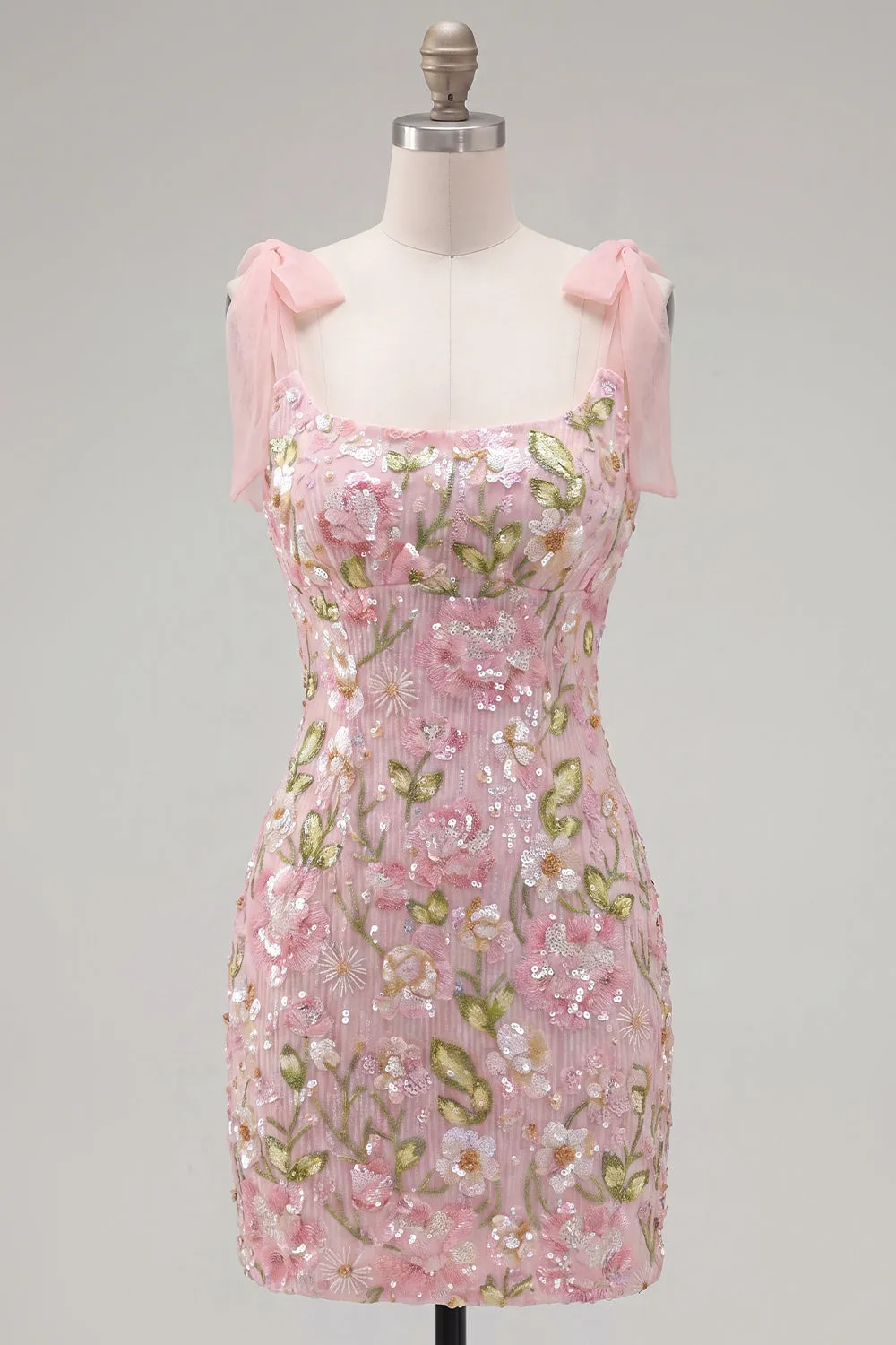 Romantic Pink Sequin Floral Embroidered Homecoming Dress with Bow Straps sold by Zapaka