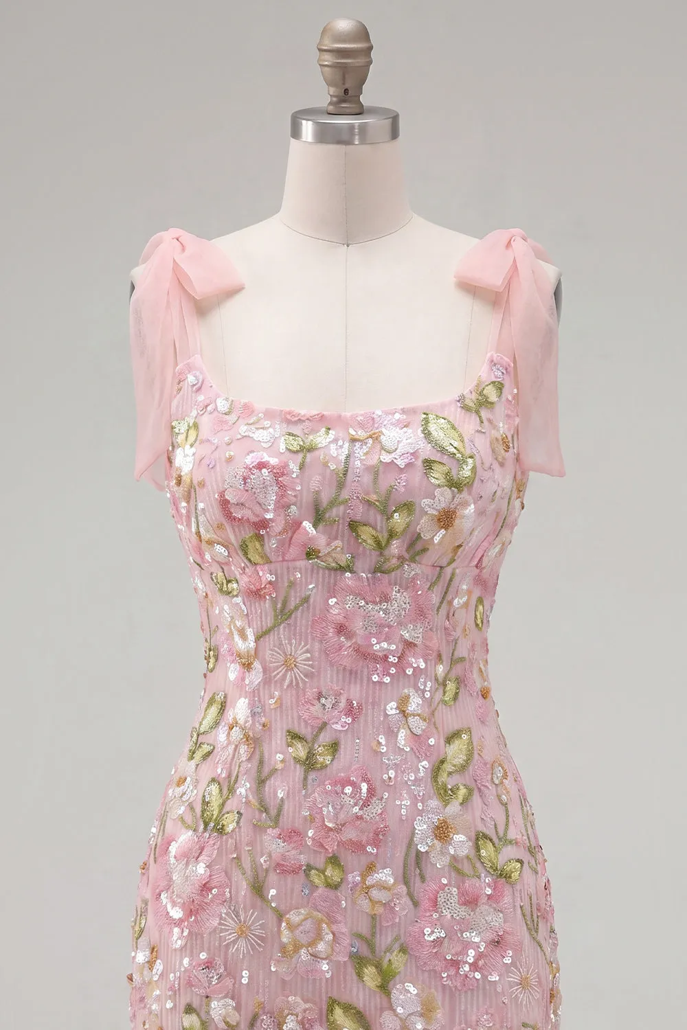 Romantic Pink Sequin Floral Embroidered Homecoming Dress with Bow Straps sold by Zapaka product image thumbnail 5