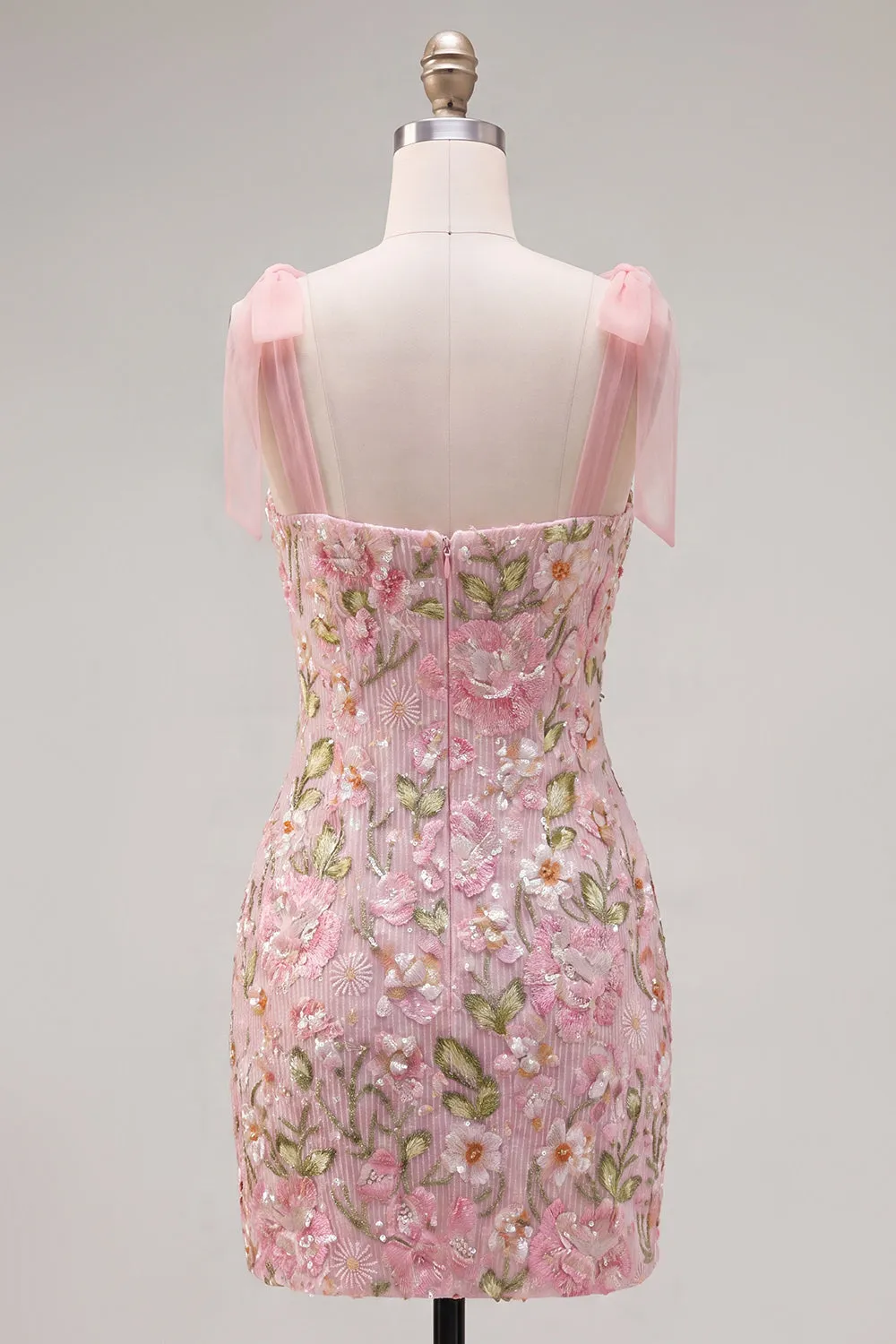 Romantic Pink Sequin Floral Embroidered Homecoming Dress with Bow Straps sold by Zapaka product image thumbnail 2