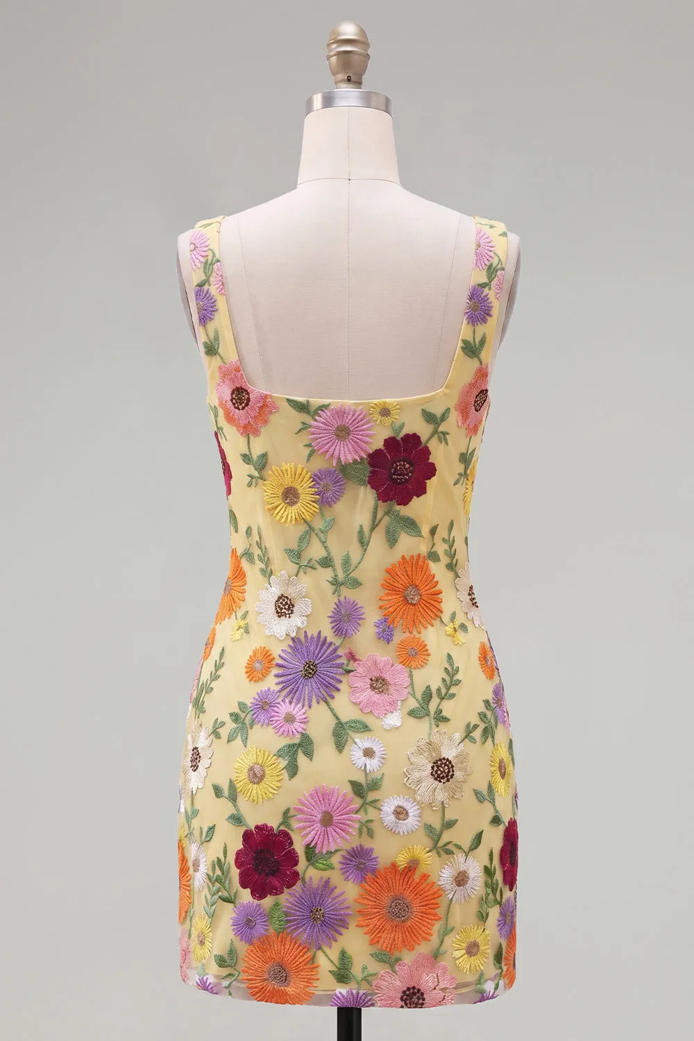 Yellow Square Neck Bodycon Floral Homecoming Dress with Embroidery sold by Zapaka product image thumbnail 2