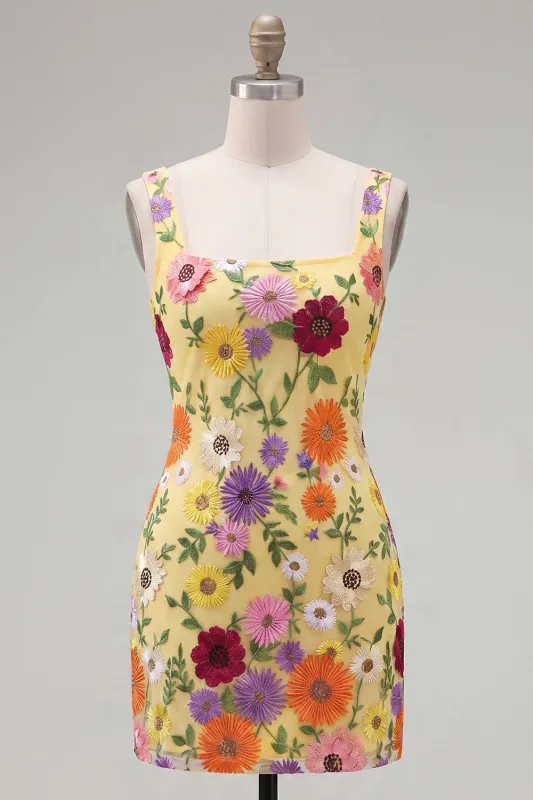Yellow Square Neck Bodycon Floral Homecoming Dress with Embroidery made by Zapaka