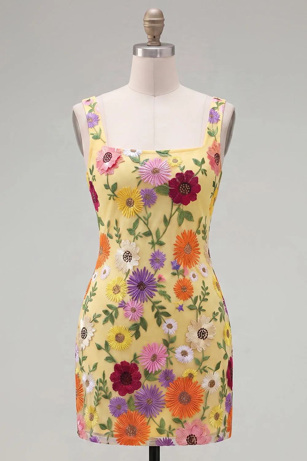 Yellow Square Neck Bodycon Floral Homecoming Dress with Embroidery sold by Zapaka