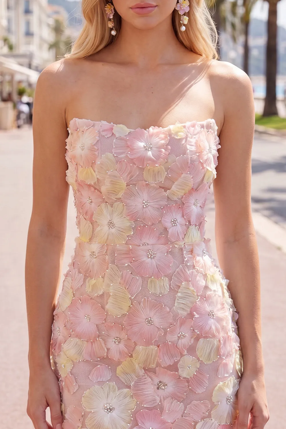 Pink Strapless Floral Short Bodycon Homecoming Dress with Beading sold by Zapaka product image thumbnail 5