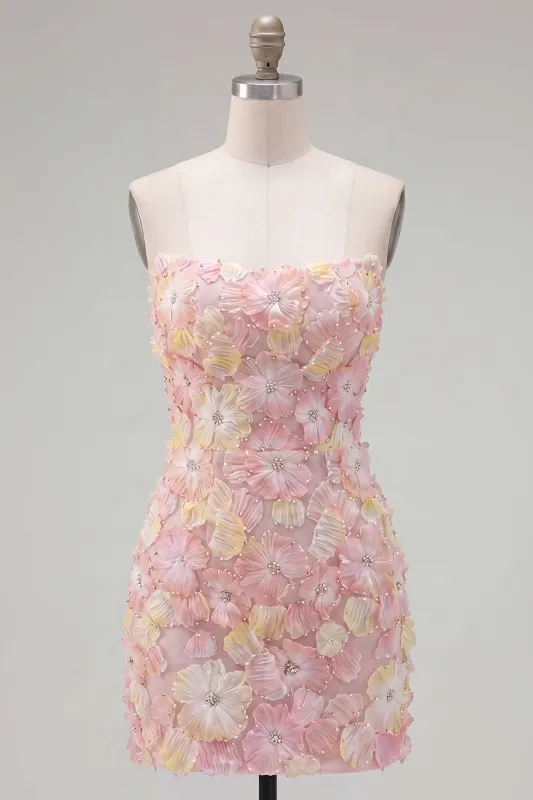 Pink Strapless Floral Short Bodycon Homecoming Dress with Beading made by Zapaka