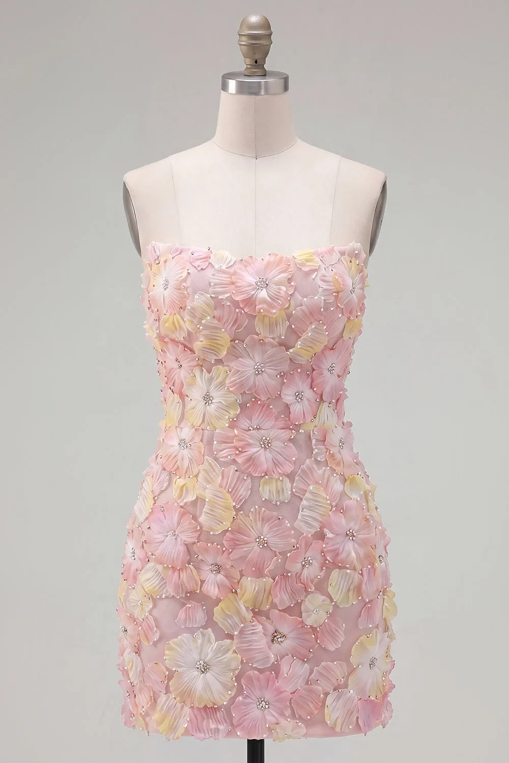 Pink Strapless Floral Short Bodycon Homecoming Dress with Beading sold by Zapaka