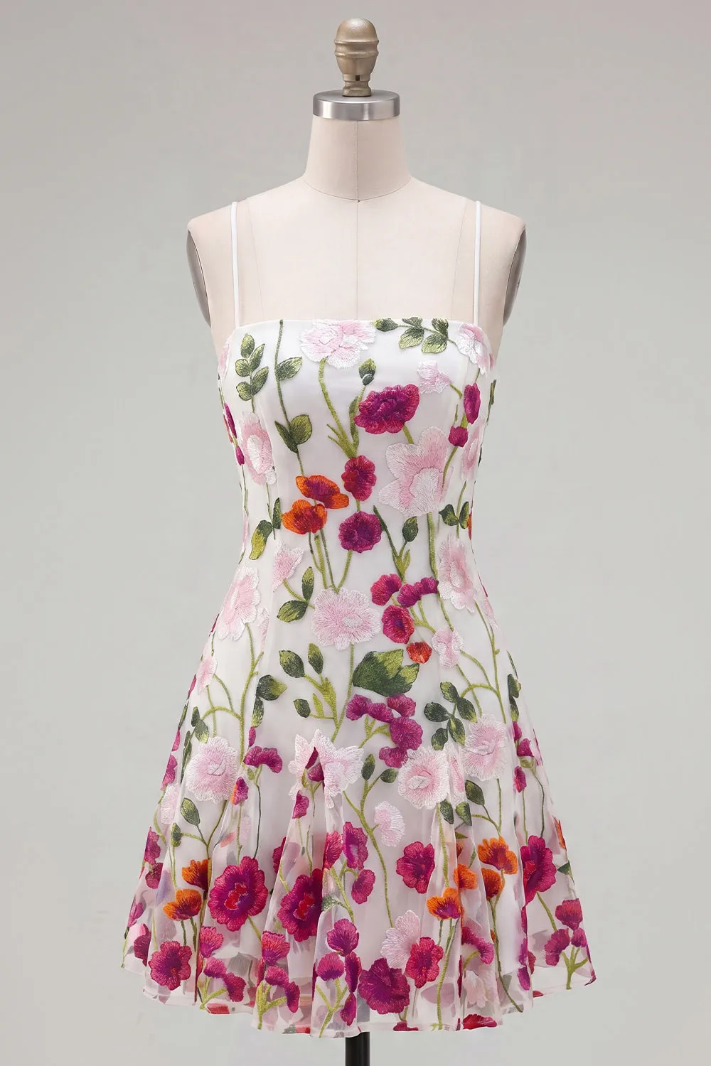 Pink Red Flower A-Line Spaghetti Straps Short Homecoming Dress with Embroidery sold by Zapaka