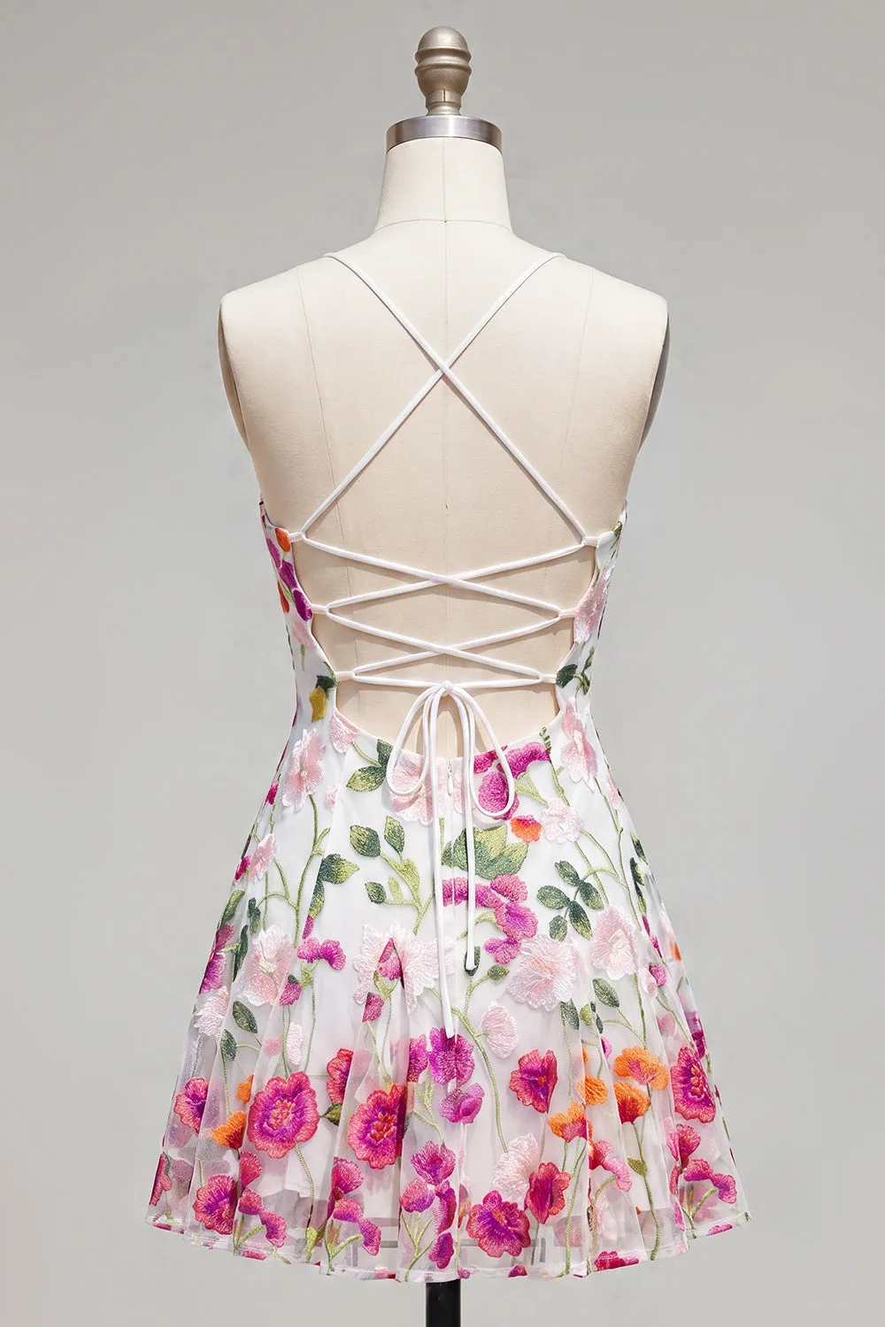 Pink Red Flower A-Line Spaghetti Straps Short Homecoming Dress with Embroidery sold by Zapaka product image thumbnail 2
