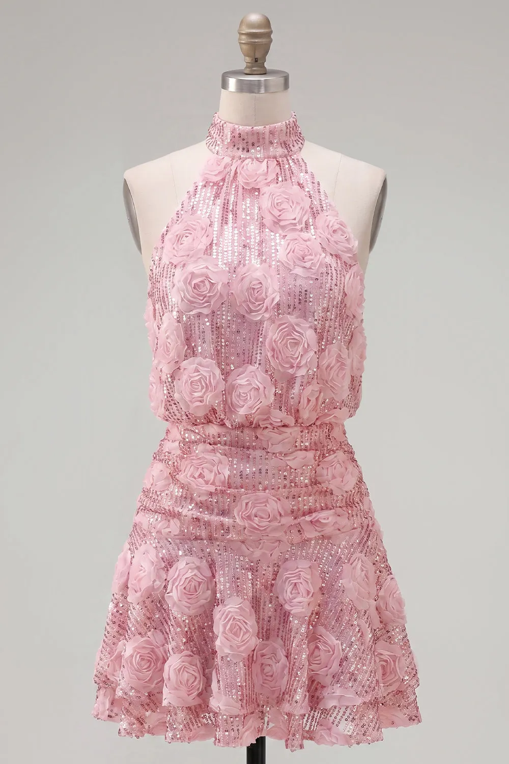 Pink A-Line Halter Neck Sequins Short Homecoming Dress with 3D Flowers sold by Zapaka product image thumbnail 5