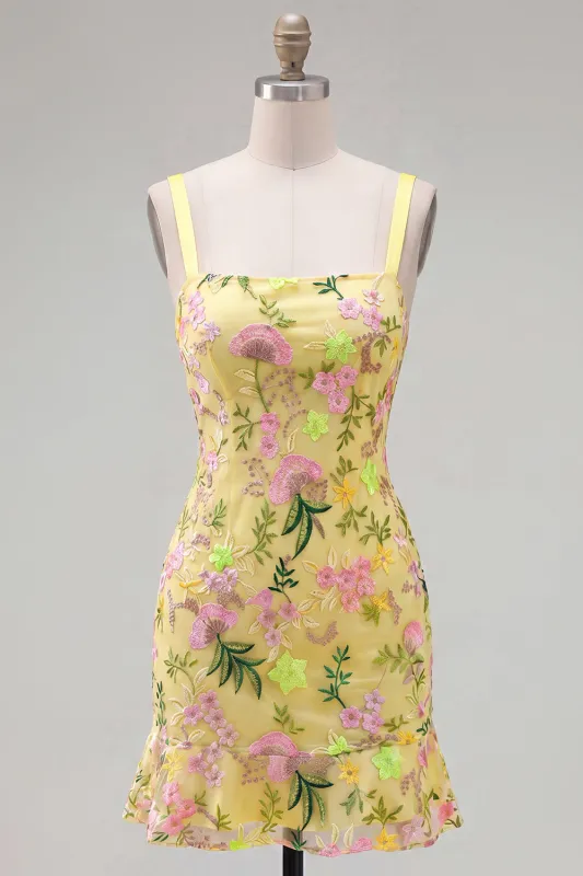 Yellow Bodycon Floral Embroidered Ruffled Homecoming Dress with Lace Up Back made by Zapaka