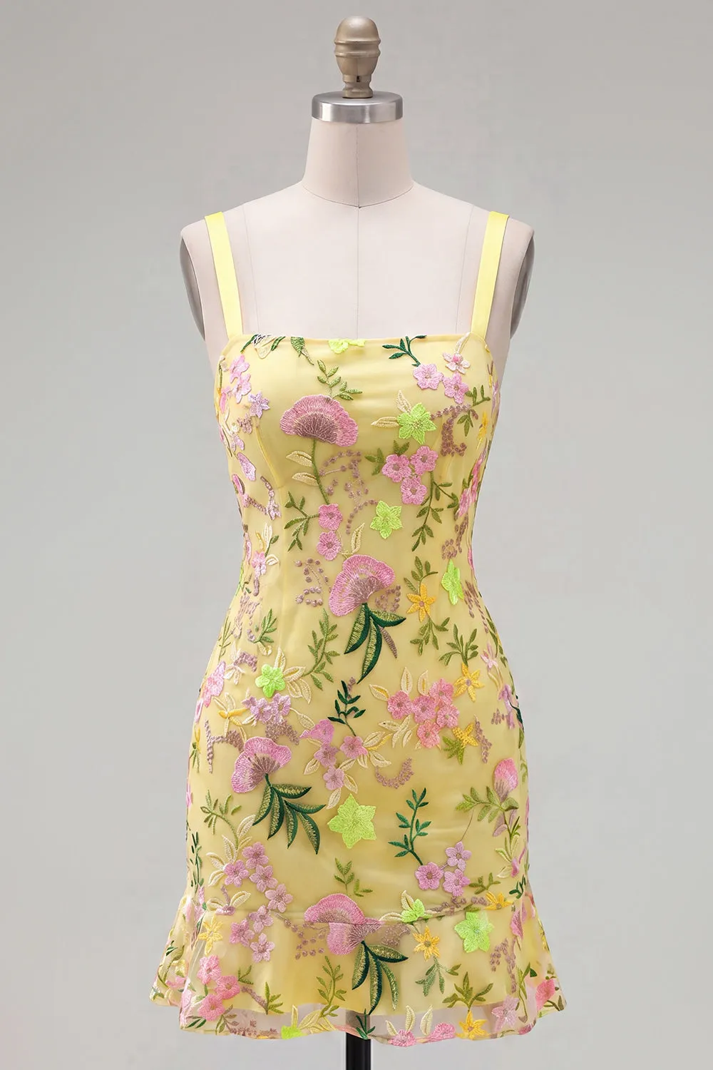 Yellow Bodycon Floral Embroidered Ruffled Homecoming Dress with Lace Up Back sold by Zapaka