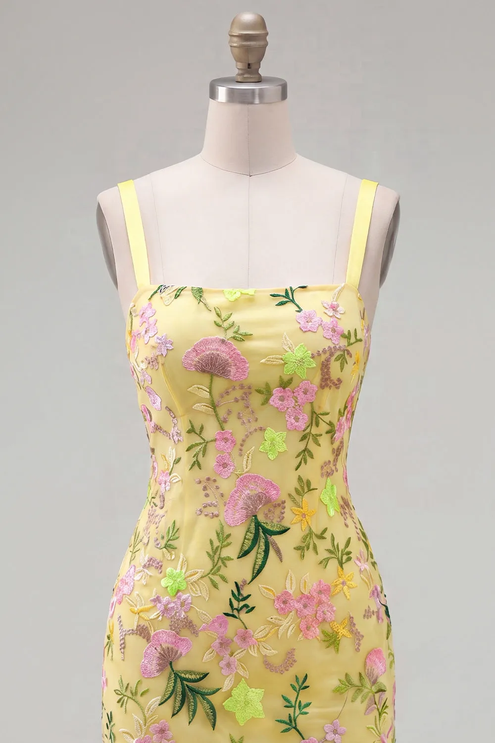 Yellow Bodycon Floral Embroidered Ruffled Homecoming Dress with Lace Up Back sold by Zapaka product image thumbnail 5